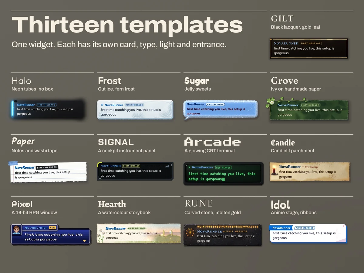 Thirteen templates, each its own card, type, light and entrance