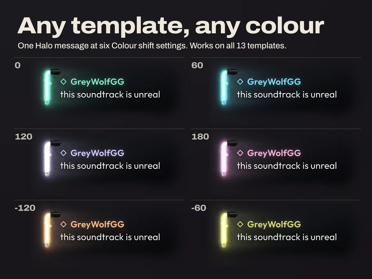 Any template in any colour: one Halo message at six Colour shift settings