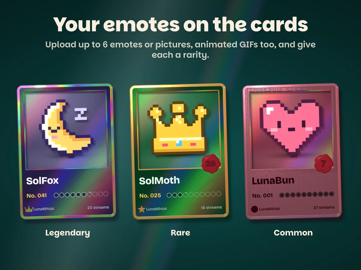 Your emotes on the cards, each with a rarity