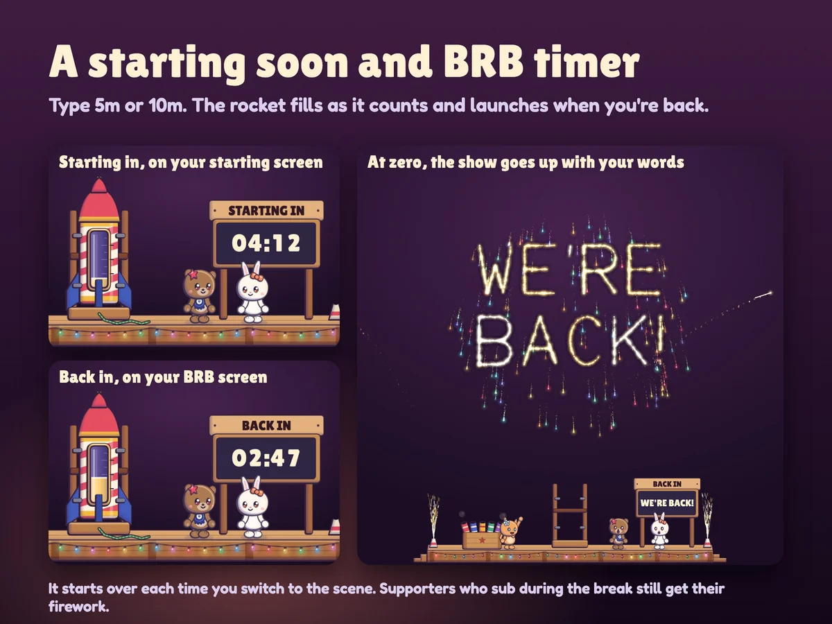 A starting soon and BRB timer that ends in the show